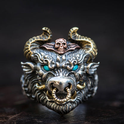 Anillo de cabeza de toro para hombre | Anillo llamativo vintage de cabeza de buey ajustable