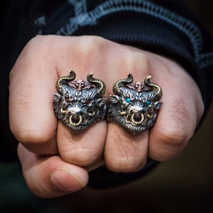Anillo de cabeza de toro para hombre | Anillo llamativo vintage de cabeza de buey ajustable