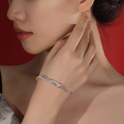 Chinese Dragon Cuff Bracelet | Adjustable Silver-Tone Bangle