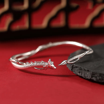 Chinese Dragon Cuff Bracelet | Adjustable Silver-Tone Bangle