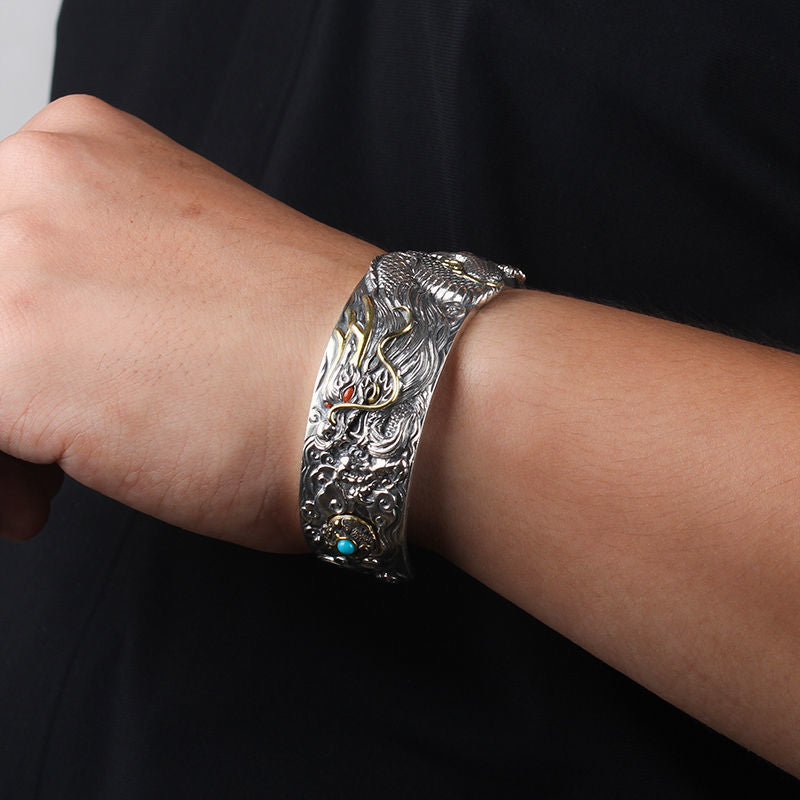 Bracelet de manchette Dragon Chinois | Jonc ajustable en argent