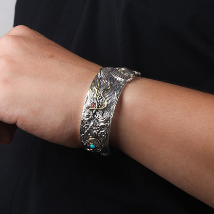 Bracelet de manchette Dragon Chinois | Jonc ajustable en argent