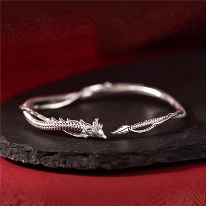 Chinese Dragon Cuff Bracelet | Adjustable Silver-Tone Bangle