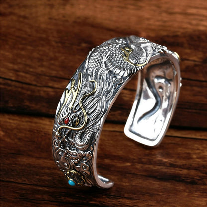 Bracelet de manchette Dragon Chinois | Jonc ajustable en argent