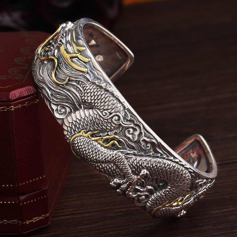 Bracelet de manchette Dragon Chinois | Jonc ajustable en argent
