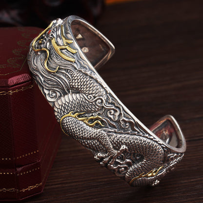 Bracelet de manchette Dragon Chinois | Jonc ajustable en argent