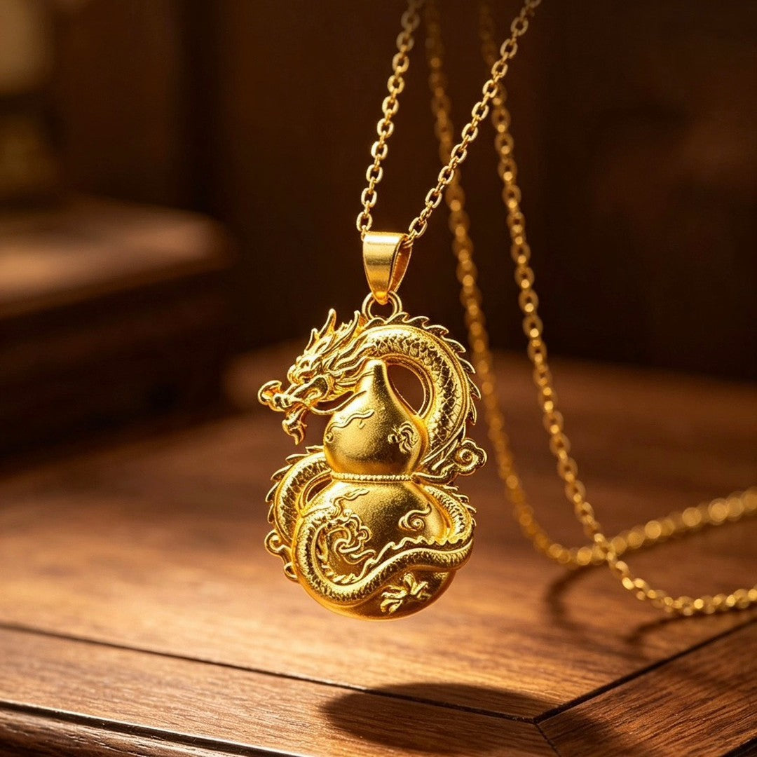Chinese Dragon & Gourd Pendant Necklace