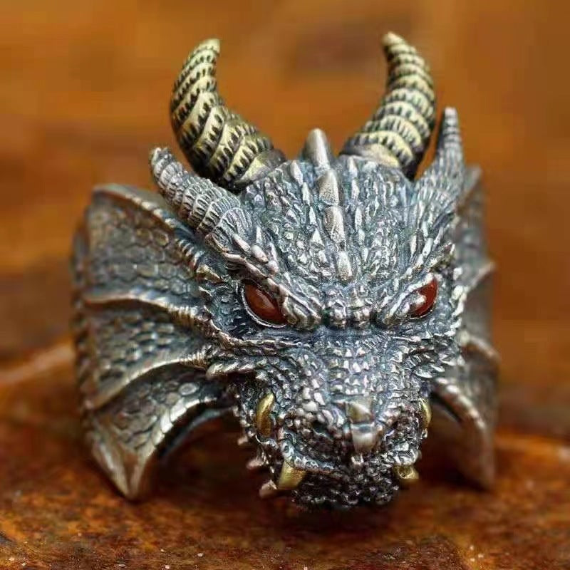 Chinese Dragon Head Ring | Vintage Zodiac Statement Ring, Adjustable