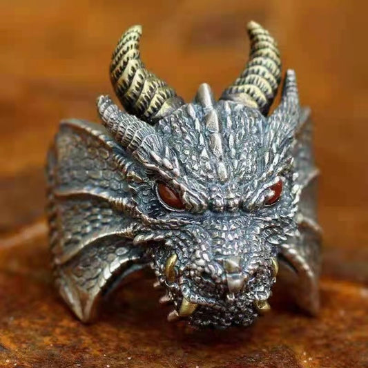 Chinese Dragon Head Ring | Vintage Zodiac Statement Ring, Adjustable