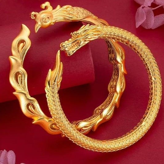 Gold-Plated Chinese Dragon & Phoenix Wedding Bracelets
