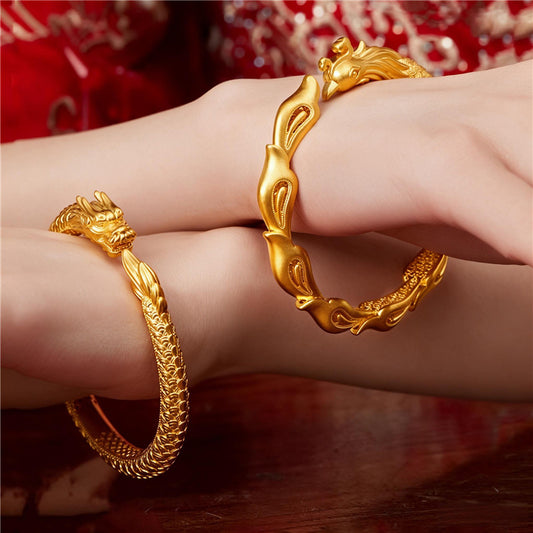 Gold-Plated Chinese Dragon & Phoenix Wedding Bracelets
