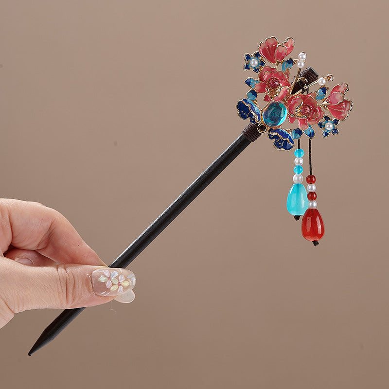 Bâtonnet à cheveux floral chinois avec pompons - Épingle à cheveux en bois