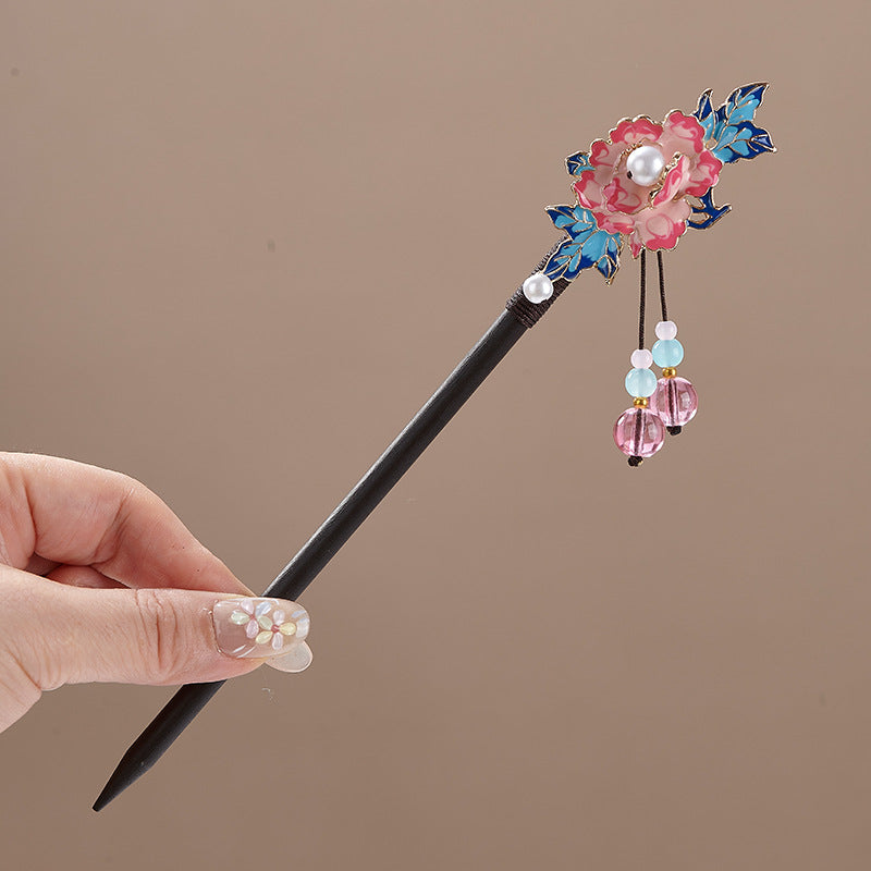 Bâtonnet à cheveux floral chinois avec pompons - Épingle à cheveux en bois