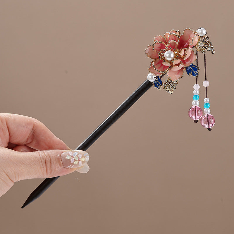 Bâtonnet à cheveux floral chinois avec pompons - Épingle à cheveux en bois
