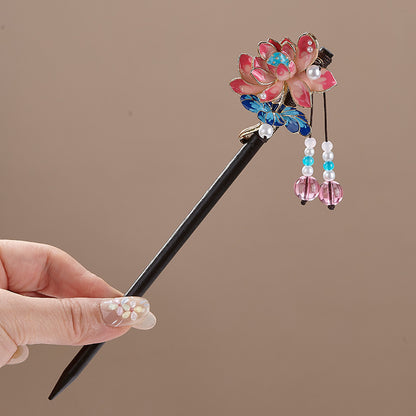 Bâtonnet à cheveux floral chinois avec pompons - Épingle à cheveux en bois