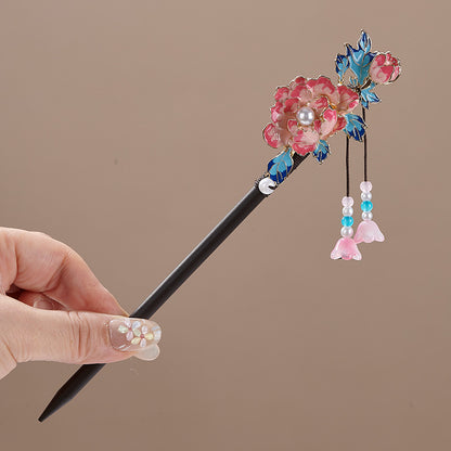 Bâtonnet à cheveux floral chinois avec pompons - Épingle à cheveux en bois