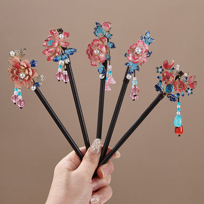 Bâtonnet à cheveux floral chinois avec pompons - Épingle à cheveux en bois