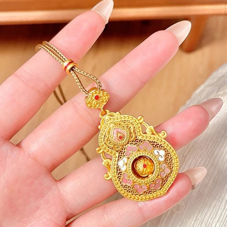 Chinese Hulu Gourd Pendant Necklace | Gold Enamel Lucky Charm