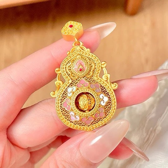 Chinese Hulu Gourd Pendant Necklace | Gold Enamel Lucky Charm