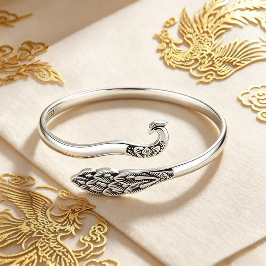 Chinese Phoenix Cuff Bracelet | Adjustable Silver Tone