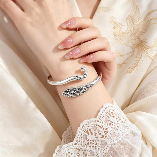 Chinese Phoenix Cuff Bracelet | Adjustable Silver Tone