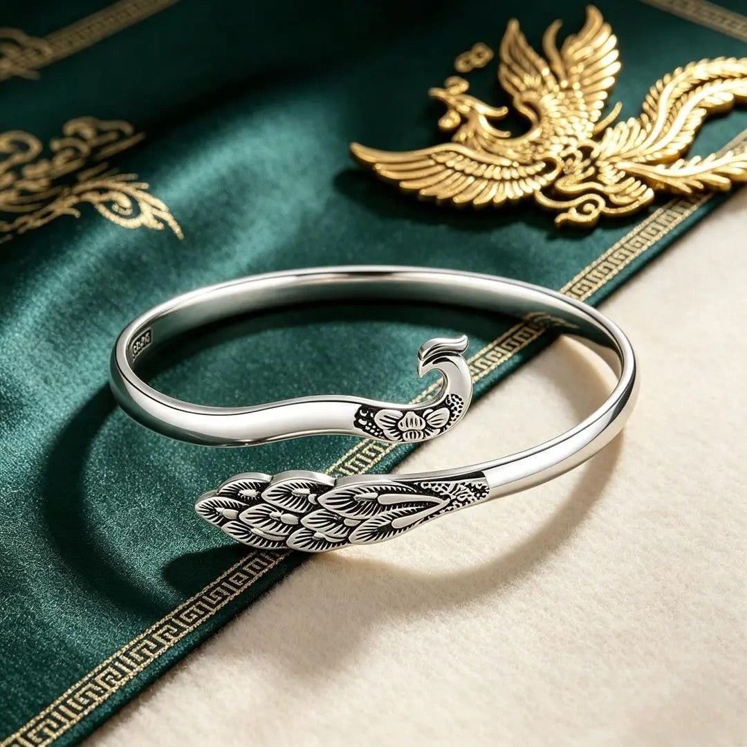 Chinese Phoenix Cuff Bracelet | Adjustable Silver Tone