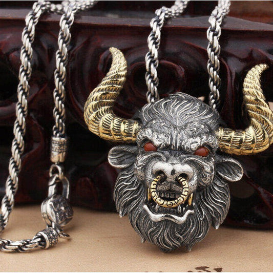 Chinese Zodiac Ox Pendant Necklace | Vintage Silver Bull Head
