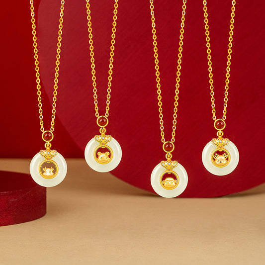 Chinese Zodiac Pendant Necklace | 925 Sterling Silver, Red Agate & Hetian Jade