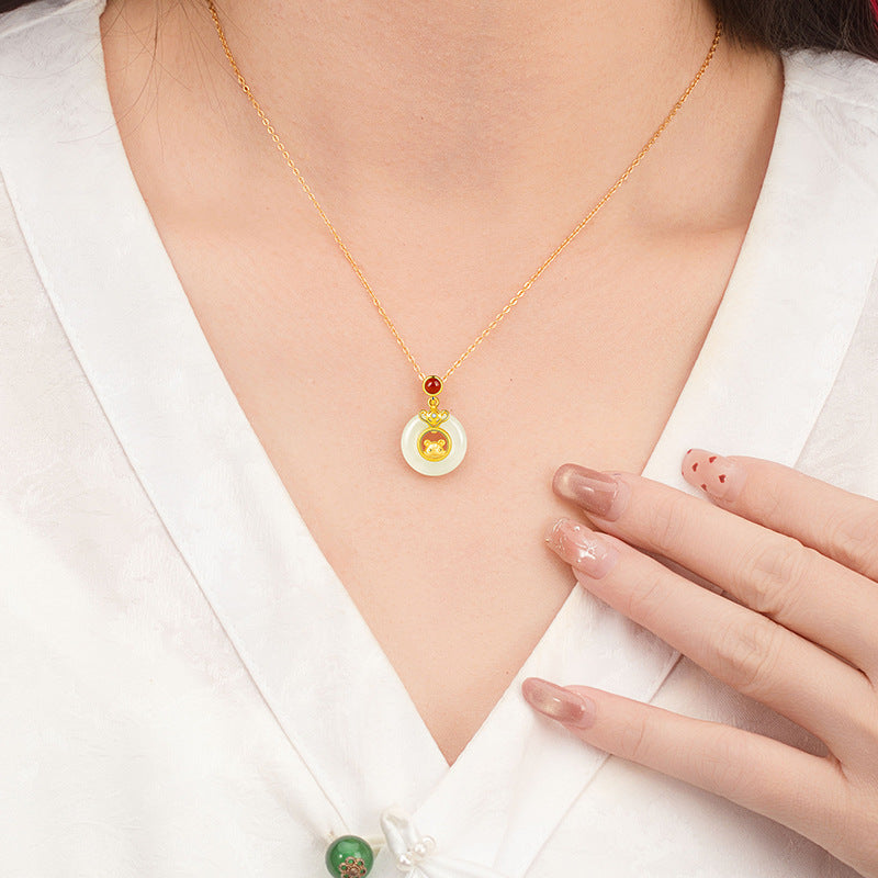 Chinese Zodiac Pendant Necklace | 925 Sterling Silver, Red Agate & Hetian Jade