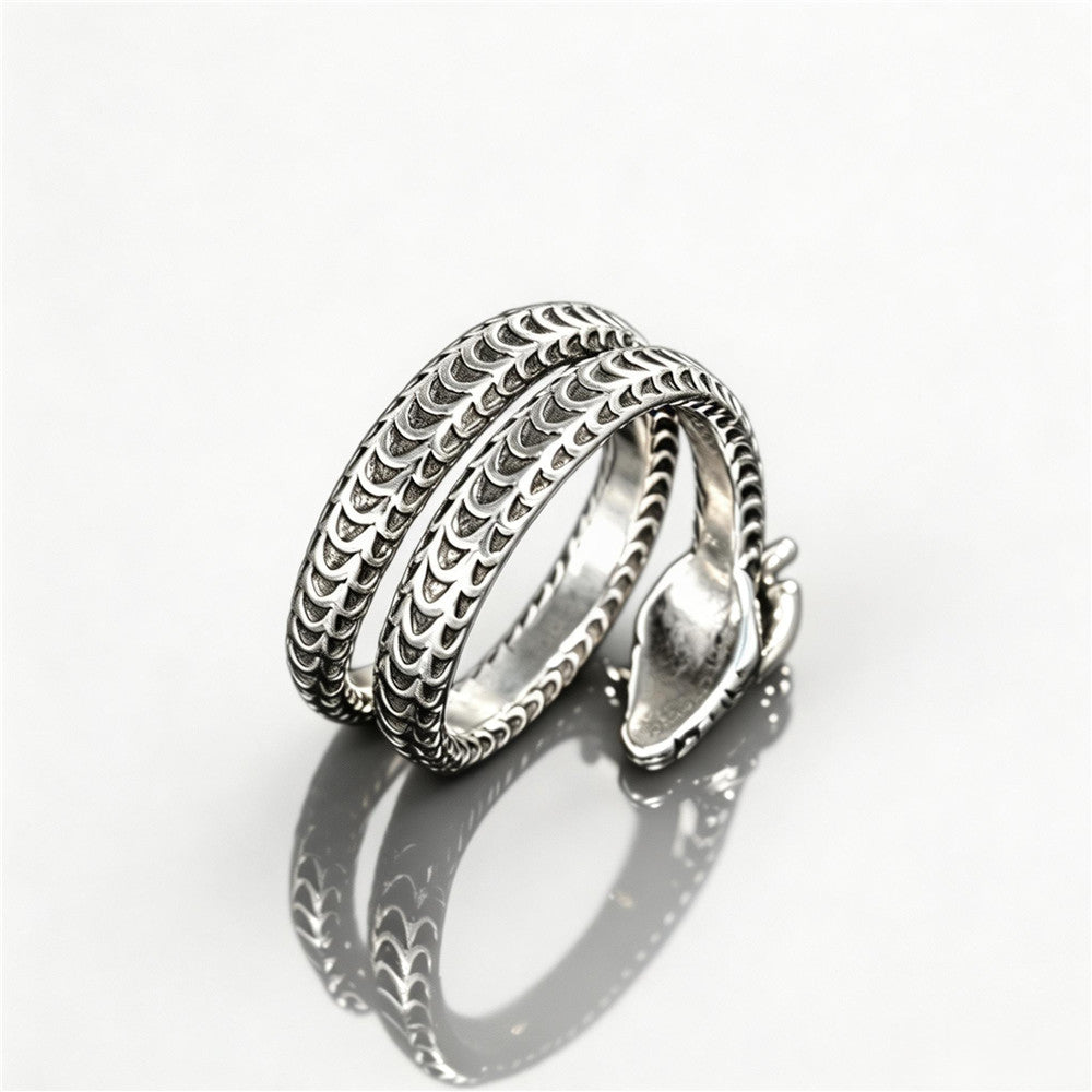 Chinese Zodiac Snake Ring – Adjustable Open Band, Antique Silver Style