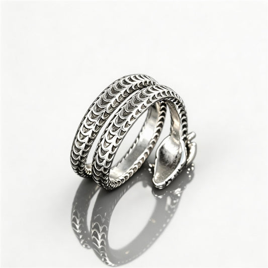 Chinese Zodiac Snake Ring – Adjustable Open Band, Antique Silver Style