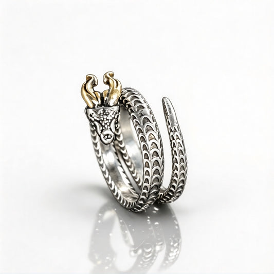 Chinese Zodiac Snake Ring – Adjustable Open Band, Antique Silver Style