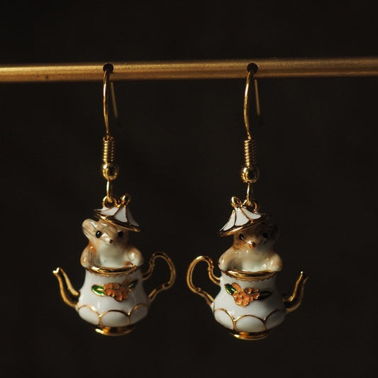 Chipmunk in a Teacup Earrings | Copper Resin Dangle Earrings