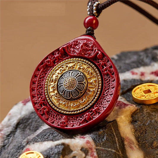 Cinnabar Bagua Pendant Necklace | Rotating Nine Palace Feng Shui Charm