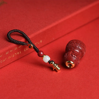 Cinnabar Gourd Keychain with Jade Bead | Traditional Chinese Lucky Charm