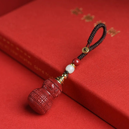 Cinnabar Gourd Keychain with Jade Bead | Traditional Chinese Lucky Charm