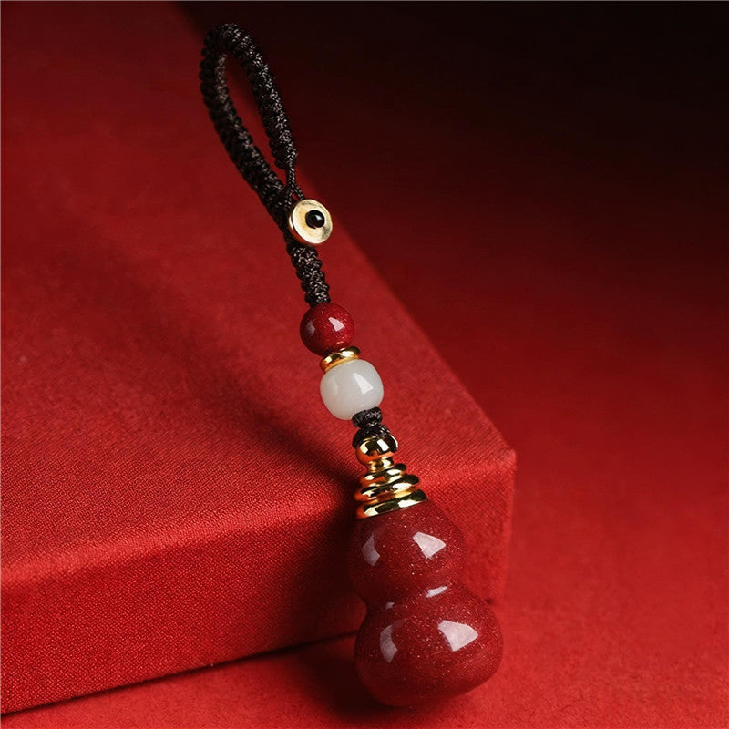 Cinnabar Gourd Keychain with Jade Bead | Traditional Chinese Lucky Charm