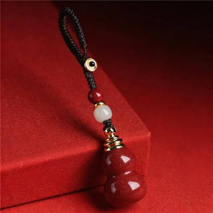 Cinnabar Gourd Keychain with Jade Bead | Traditional Chinese Lucky Charm