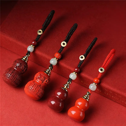 Cinnabar Gourd Keychain with Jade Bead | Traditional Chinese Lucky Charm