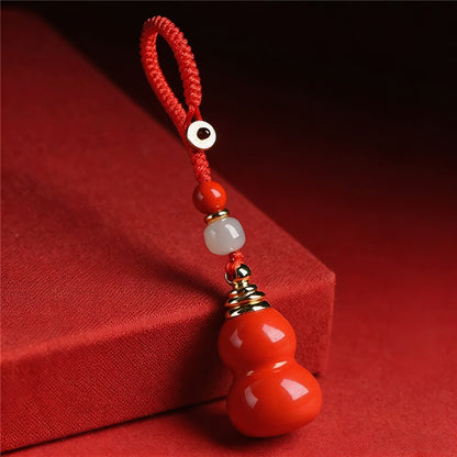 Cinnabar Gourd Keychain with Jade Bead | Traditional Chinese Lucky Charm