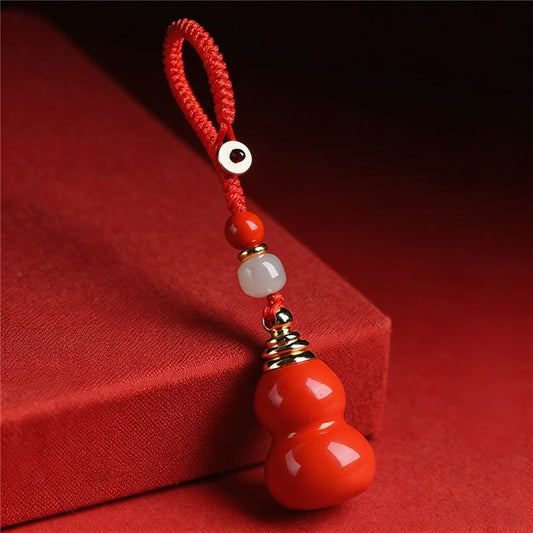 Cinnabar Gourd Keychain with Jade Bead | Traditional Chinese Lucky Charm