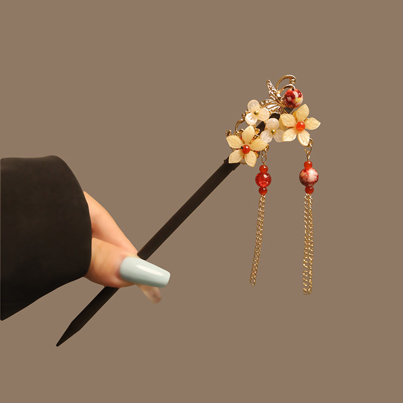 Bâtonnet pour cheveux en bois d’ébène avec motif floral