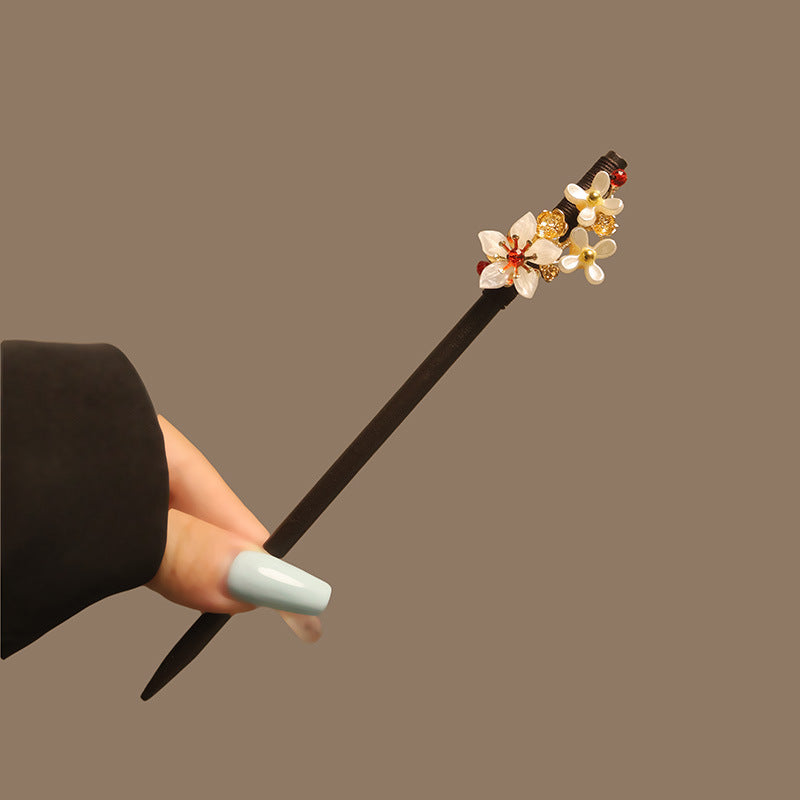 Bâtonnet pour cheveux en bois d’ébène avec motif floral