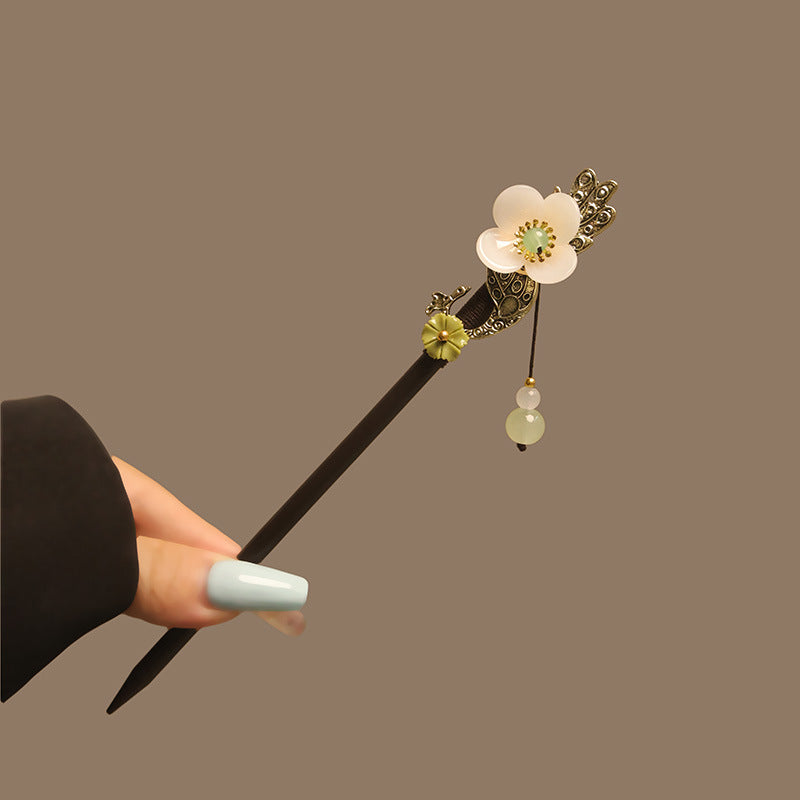 Bâtonnet pour cheveux en bois d’ébène avec motif floral