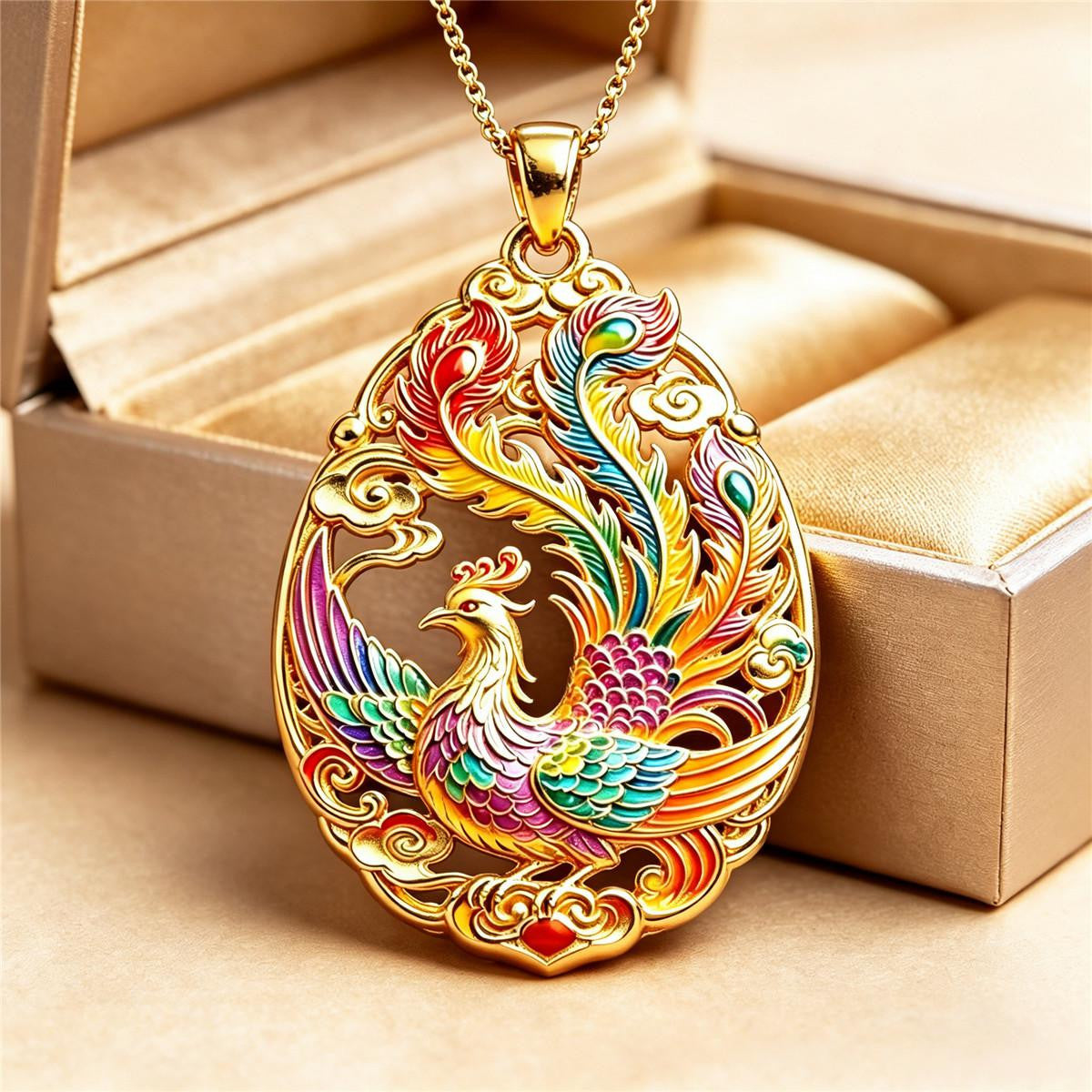 Gold Enamel Phoenix Pendant Necklace