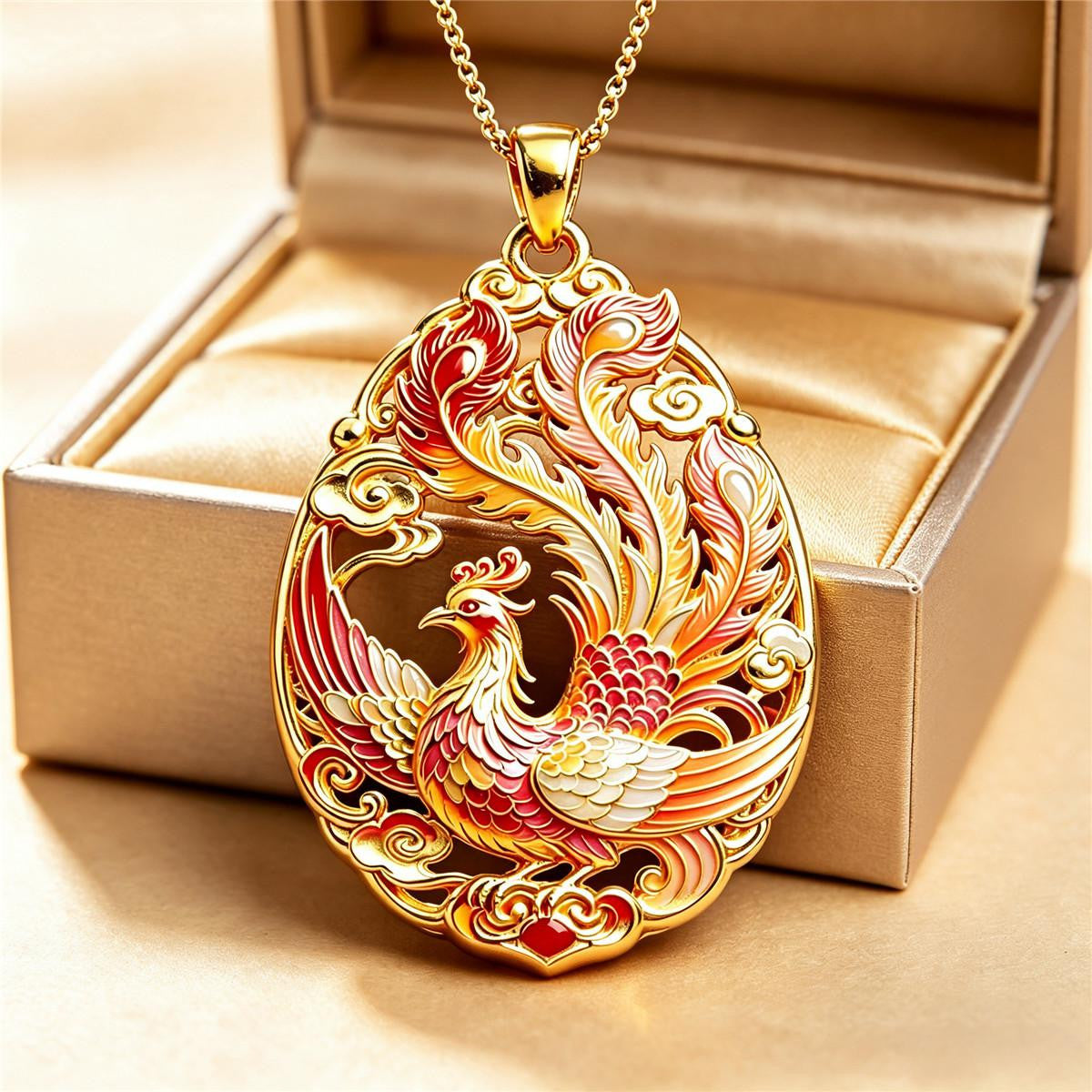 Gold Enamel Phoenix Pendant Necklace