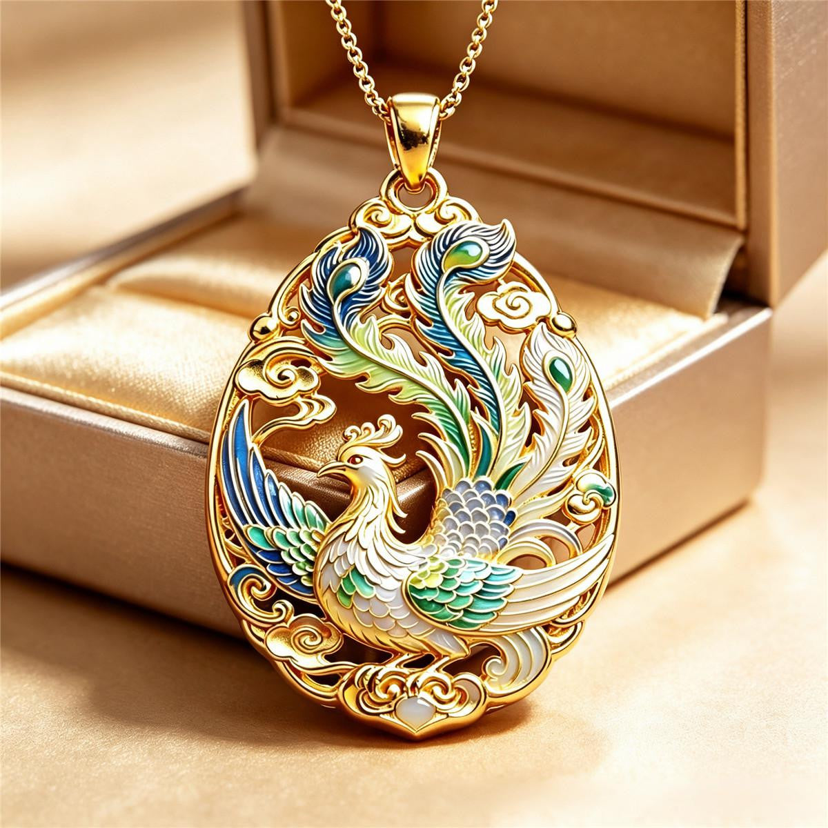 Gold Enamel Phoenix Pendant Necklace