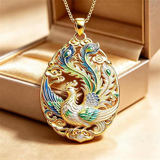 Gold Enamel Phoenix Pendant Necklace