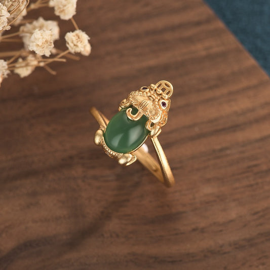 Gold-plated Pixiu Ring with Jade Inlay