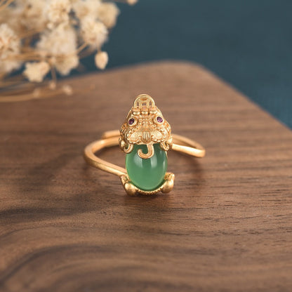 Gold-plated Pixiu Ring with Jade Inlay